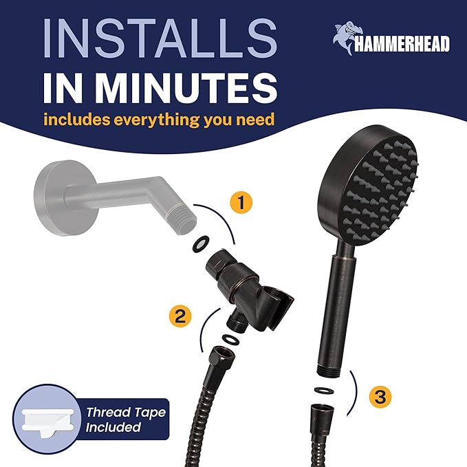 HammerHead Showers® Solid Metal Handheld Shower Head with Hose and Brass Holder - OIL RUBBED BRONZE - 2.5 GPM High Pressure Shower Heads with Adjustable Shower Wand Bracket - 6ft Flexible Extension