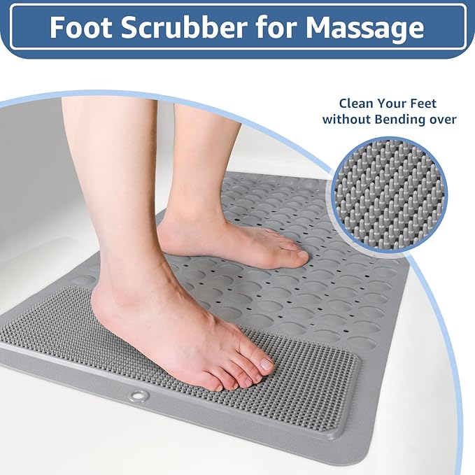Yolife Bathtub Mat Non Slip, Shower Foot Scrubber Mat, 39 x 16 inch Extra Long Bath Mat for Tub Non Slip with Suction Cups Drain Holes, Shower Mat with Foot Scrubber, Machine Washable(Light Grey)