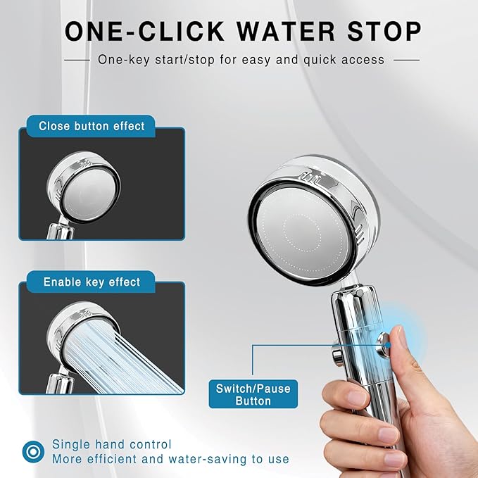 Handheld Shower Head with High Pressure Filter, ON/OFF Switch, Stainless Steel Hose, Filter Cotton, Bracket for Bathroom and Hotel (Golden)