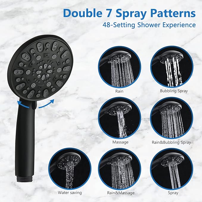 High Pressure 48-Settings Shower Head with Handheld Shower,Drill-Free 3-Way Diverter for Easy Reach,Adjustable Height Slide Bar Dual Shower Head Combo Set - Matte Black