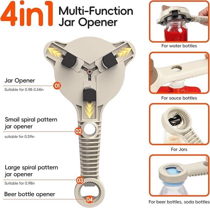 4-In-1Jar Opener,Jar Openers For Seniors,Adjustable Jar Opener Fits 1-3.5 Inch Bottle Caps,Perfect or Arthritis and WeakHands,Works Beer,Sauces,Canned Goods(Included Magnetic Hook)