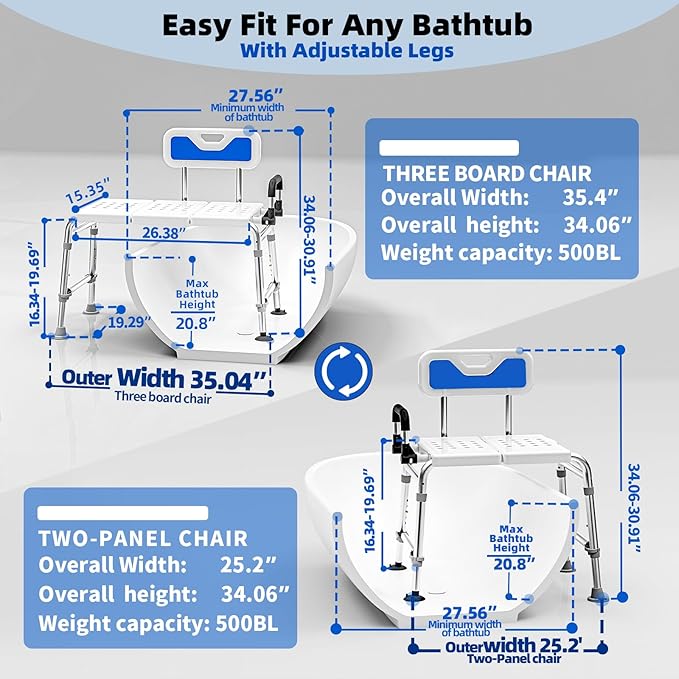 Heavy Duty Width Adjustable Bath Tub Transfer Shower Bench for Inside Tub Extended Shower Chair with Adjustable Height and Reversible Backrest Handicap Shower Chair Seat for Elderly and Disabled