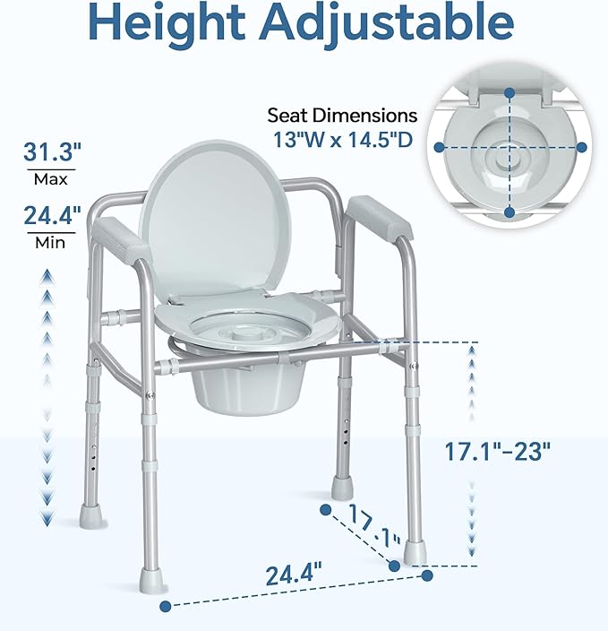 HOMLAND 3-in-1 Bedside Commode Chair with Sturdy Dual-Crossbar Support Construction, Stable Portable Commode Toilet with 7.5Qt Potty Bucket, 350 Lbs Bedside Commodes for Seniors, Silver