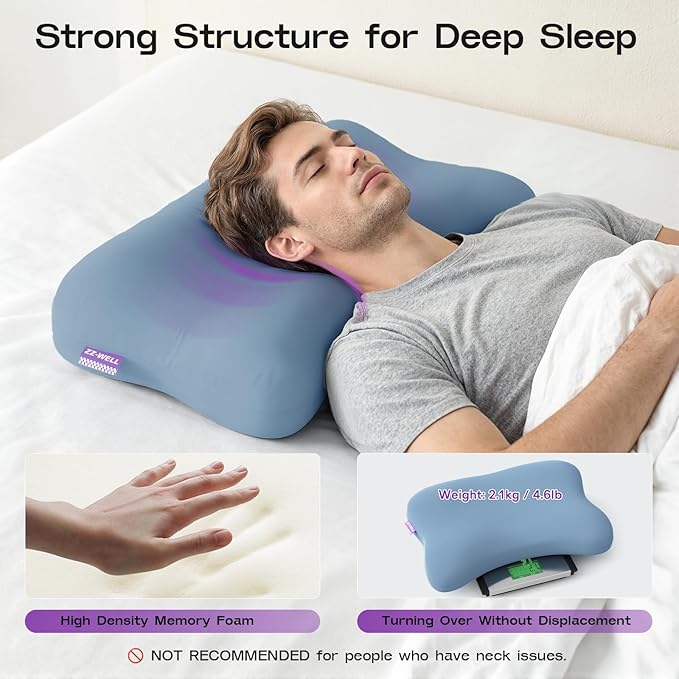 ZZ-WELL Side Sleeper Pillow - Patented Cervical Neck Pillow for Sleeping with Cooling Cover - High Loft Heavy Density Memory Foam Pillows for Side Sleepers & Broad Shoulders Adults (Blue)
