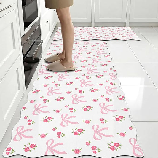 2 Pcs Pink Kitchen Rugs and Mats Set Coquette Bow Floral Non-Slip Waterproof Floor Mats, 47"x16.5" & 30"x16.5" Pink Decor Rugs for Kitchen Sink, Laundry Room Standing, Machine Washable