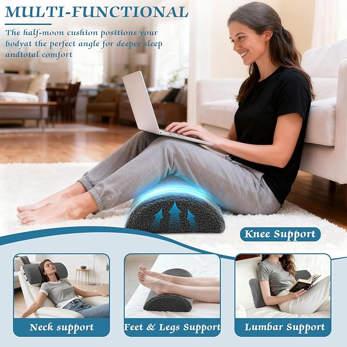 Queekay Recliner Leg Rest Cushion Large Half Moon Bolster Pillow 22.8 x 9.84 x 4 Inch Lumbar Support Pillow Bed Sleeping Semi Roll for Legs, Knees, Lower Back, Ankle and Foot Washable Cover(Grey)
