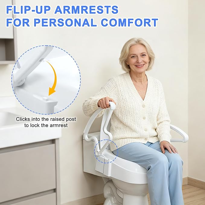 5.5 inches Raised Toilet Seat with Handles, Adjustable Height, Toilet Seat Risers for Seniors, Slip-Resistant, Supports 300lbs, Elevated Toilet Seats, Screw Lock, White