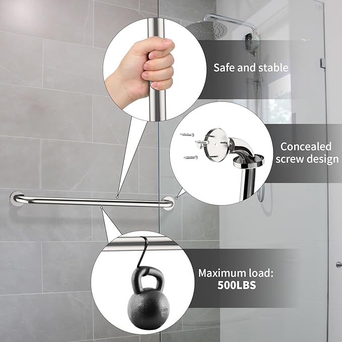 2 Pack 32 Inch Shower Grab Bar, ZUEXT SUS304 Stainless Steel Chrome Bathroom Grab Bar Handle, Shower Balance Bar, Safety Hand Rail Support, Handicap Elderly Senior Assist Bath Handle(1.25" Diameter)