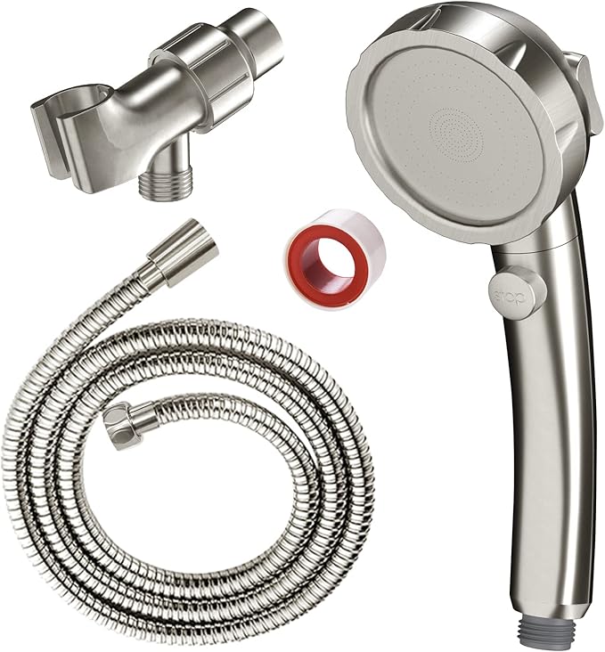 SINGSUO High Pressure Handheld Shower Head with On Off Switch, Detachable Shower Head, 3 Spray Modes Shower Massager Handheld with Hose and Adjustable Angle Bracket (Brushed Nickel)