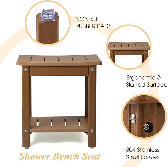 Apolimi Shower Chair, HDPE Shower Bench for Inside Shower to Sit On It, Shower Stool with Storage Shelf 2-Tier Spa Stool for Elderly,Water Resistant & Non-Slip Design Shower Seat Bench (Teak S Size)