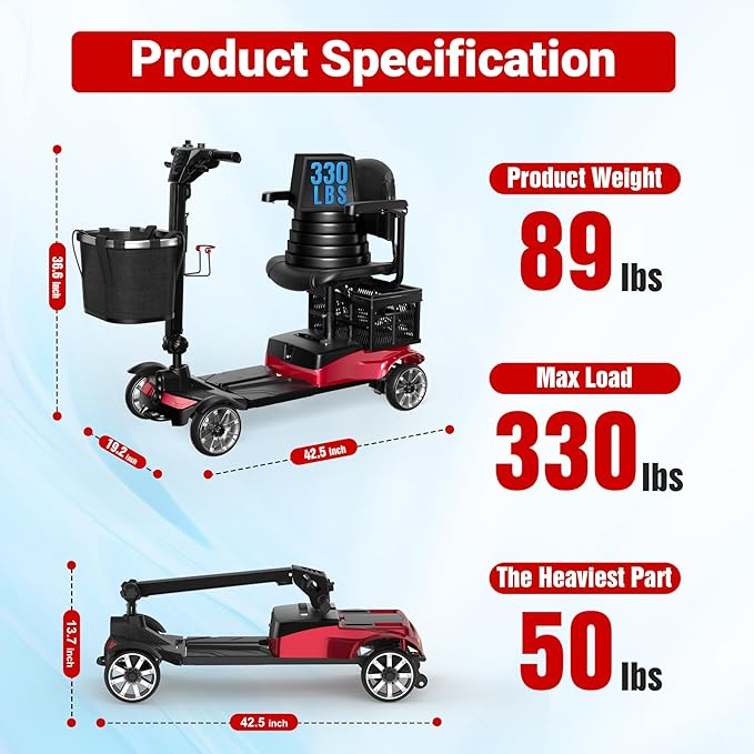 Mobility Scooter for Adults, 4 Wheel Motorized Mobility Scooter w/Dustproof Cover, 350LBS Capacity & Detachable Battery, 15Miles Electric Powered Mobility for Outdoor (Red, 15 MI)