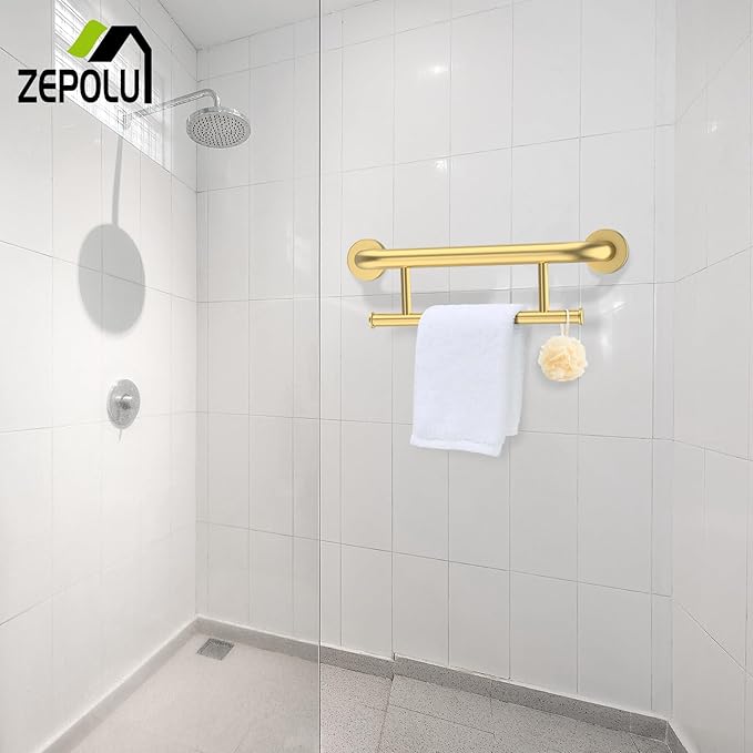Brushed Gold Grab bar 17 inch - 1.25” Diameter, Zepolu 2-in-1 Bath Towel Bars for Bathroom, Stainless Steel Safety Assist Bar Balanced Support Handle, Wall Mounted Towel Grab Bars for Senior Handicap