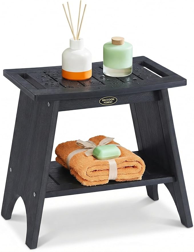 HDPS Shower Benches for Inside Shower, 17" Height Waterproof Bath Stool with 2-Tier Storage Shelf, Heavy Duty Spa Seat for Shaving Legs, Seniors & Adults, Wood-Like Texture, Black