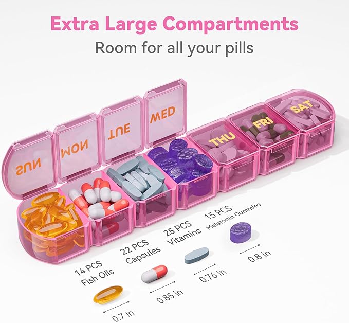 Large Pill Organizer Weekly - SHIJOINYU 7 Day Pill Box with Easy-Open Design, Daily Medicine Pill Organizer for Vitamins, Supplements, Fish Oils and Medications - Pink