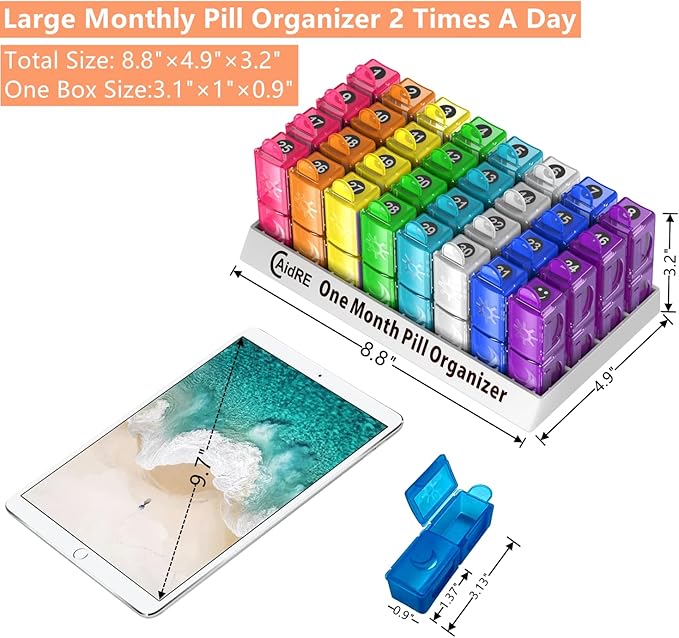 Monthly Pill Organizer, CAidRE 30 Day Pill Organizer 2 Times a Day, One Month Pill Box Organizer AM PM, Weekly Pill Holder for Fish Oil, Vitamins, Supplements