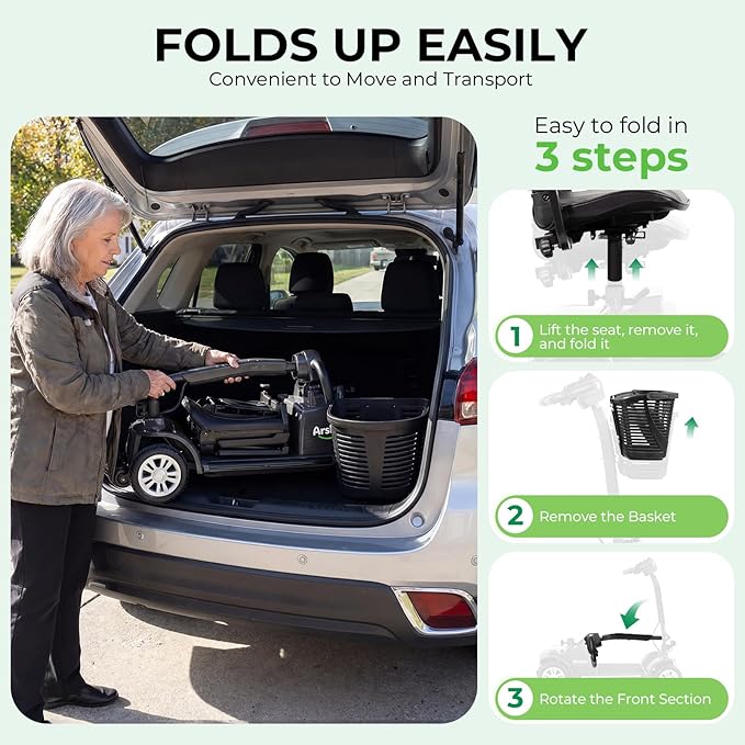 Arshin Mobility Scooter, Electric Foldable Mobility Scooter 300lbs Capacity with Detachable Battery, 15-Miles Powered Mobility Scooters for Seniors & Adults, Charger Included (A061-BLACK)