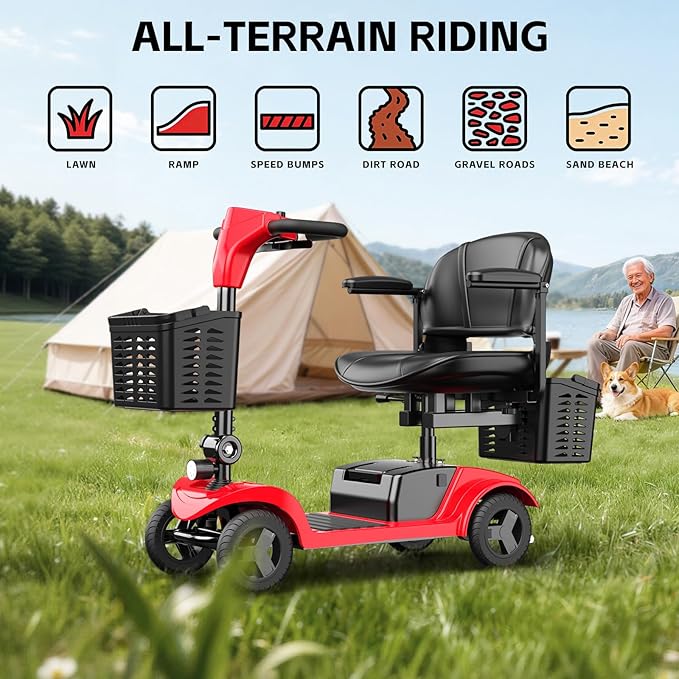 Mobility Scooter for Seniors,Motorized Scooter,Electric Scooter for Adults 300 lbs,Detachable Battery,Dual Baskets and Rear Tail Lights(Red)