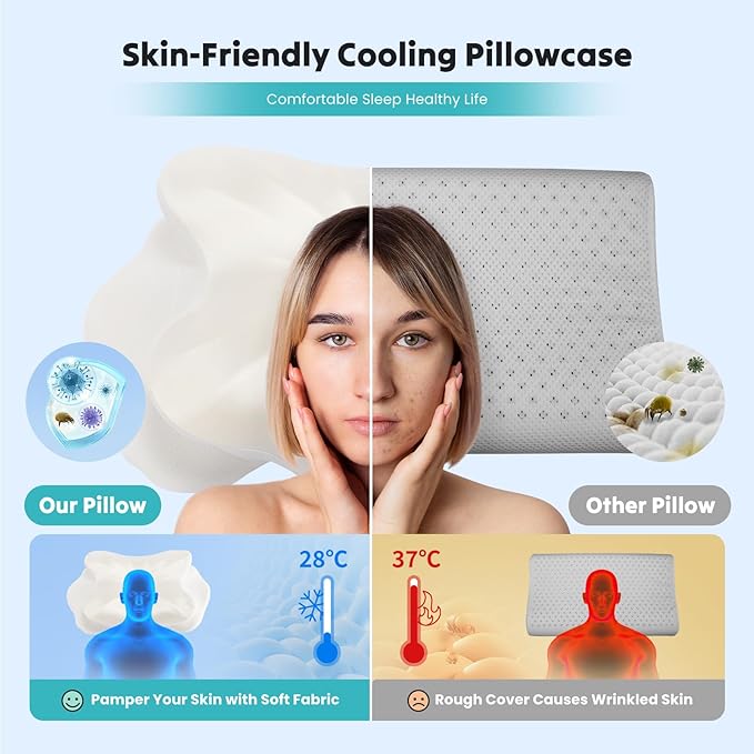 DUMOS Cervical Pillow for Neck and Shoulder, Contour Memory Foam Pillow, Ergonomic Neck Support Pillow for Side Back Stomach Sleepers with Pillowcase