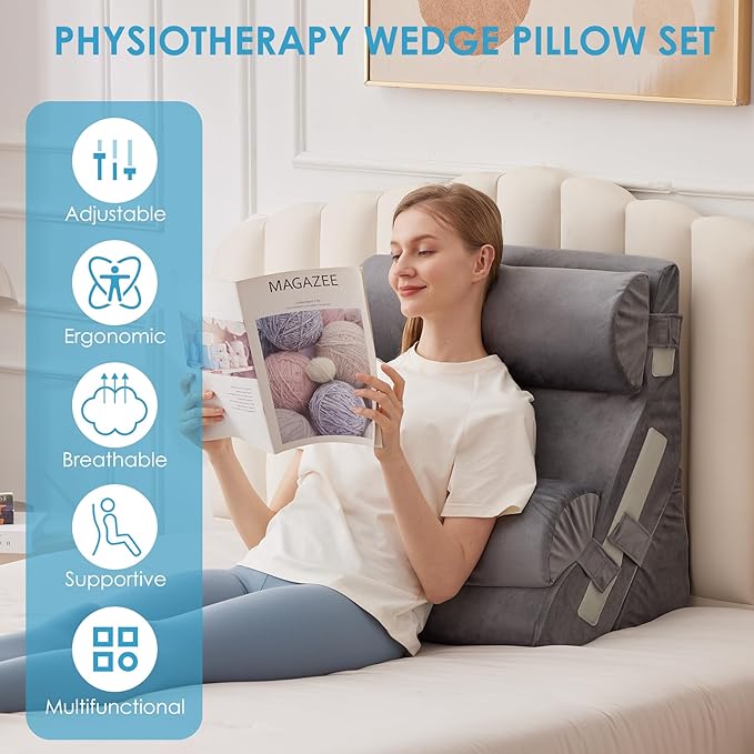 MEGCXIT 4PCS Bed Wedge Pillow for Headboard, Adjustable Wedge Pillow for Sleep Apnea, 23” Wide Triangle Pillow Wedge Set for After Surgery, Acid Reflux Relief, Snoring, Neck&Back Support, Grey
