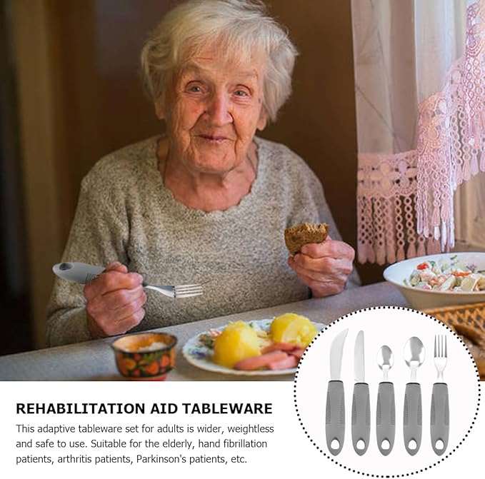 Adaptive Utensil Set - 5Pcs Arthritis Aid Silverware for Parkinson’s and Hand Tremors - Heavy Stainless Steel Spoon with Easy Grip Handle for Shaking Hands