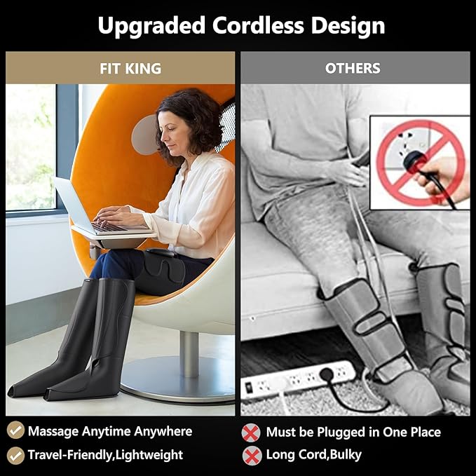 FIT KING Cordless Compression Boots Full Leg Compression Massager, Rechargeable Portable Foot and Calf Massager for Circulation, Pain Relief & Fast Recovery, No External Long Hoses | Gift for Mom
