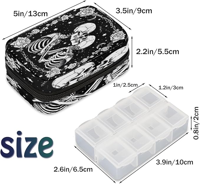 Weekly Travel Pill Organizer Case for Purse with Removable 7 Day Box Portable Compact Size Pill Box Fashionable Pill Container for Medicine Vitamin Supplement Skull Halloween Goth