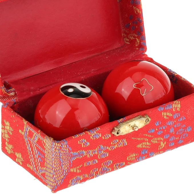 2 Pieces Hand Massage Balls, Chinese Exercise Handballs with Storage Box, Compact Relaxation, Chinese Baoding Balls, for Kids Seniors, Gossip Red