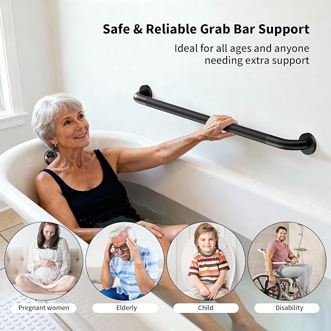 Matte Black Grab Bar 36 Inch, iHansee Anti-Slip Bathroom Grab Bar w/Knurled Texture Grip, Stainless Steel Safety Handrail for Toilet Bathtub, Wall-Mount Shower Handle Handicap Bars for Senior Elderly