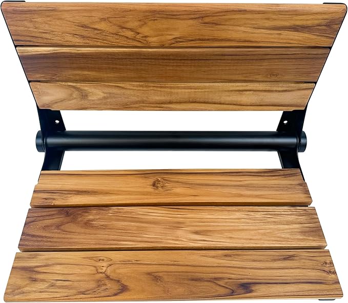 Teak Shower Seat Bench with Back - Wall Mounted Fold Up Shower Seat, Waterproof Folding Teak Bath Chair for Seniors, 304 Stainless Steel Frame, with 300 lbs Capacity - 24" Length, Matte Black