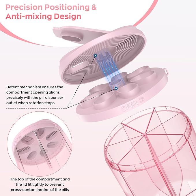 HIONXMGA Pill Organizer with 7 Large Compartments, Pill Dispenser for Travel, Supplement Organizer with Anti-Mixing Design, BPA-Free Pill Container with 20 Pcs Labels, Pink