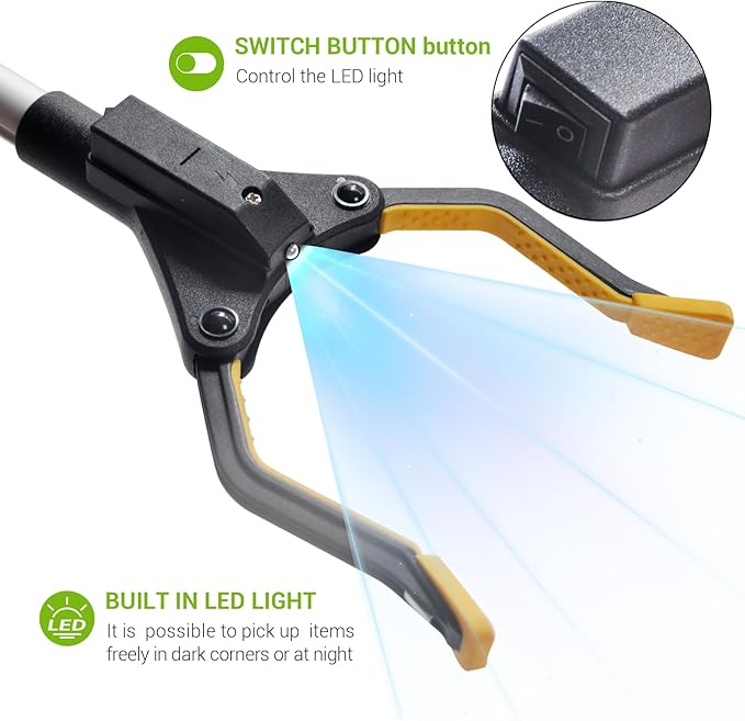 32" Reacher Grabber Tool, Rotating Head with LED Light & Magnetic Tip, Aluminum Lightweight Foldable Picker for Seniors, Garbage Picker Upper, Litter Pick Up, Grab Claw