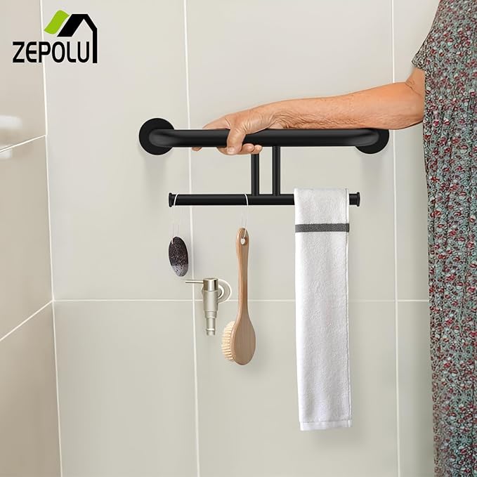 Black Handicap Grab Bar w/Toilet Paper Roll Holder, Zepolu 2-in-1 Safety Assist Bar Balanced Support Handle 17 Inch, Stainless Steel Wall Mounted Bathroom Toilet Grab Bar for Senior Elderly Disabled