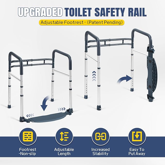 Lianjindun Toilet Safety Rails with Footrest, Folding & Portable Bathroom Toilet Handles for Elderly, Seniors, Handicap & Disabled, Adjustable Toilet Safety Frame Fit Any Toilets (350 LB)