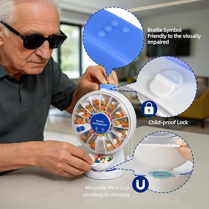 14-Day Push Button Pill Dispenser for Seniors & Caregivers | Standing or Wall-Mount Medication Organizer with Child Lock, 14 Large Compartments for Fish Oil, Vitamins, Medicine, or Supplements, Blue