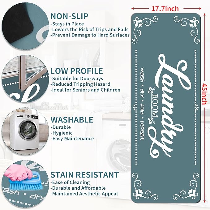 XLHOMO Non Slip Laundry Mats, 17.7"x45" Teal Laundry Rug Runner, Farmhouse Washable Laundry Room Floor Mat for Laundry Room, Mudroom, Kitchen, Washroom, Bathroom, Hallway Entryway Carpet Decor