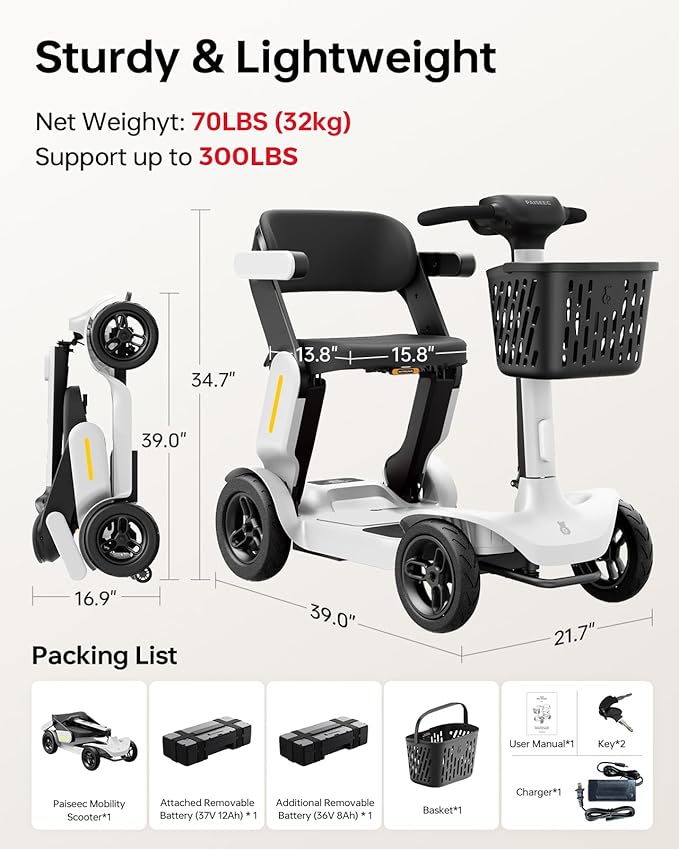 40 Miles Foldable Mobility Scooter for Seniors Paiseec S3 Pro, Lightweight Mobility Scooters, All-Terrain Folding Mobility Scooters, 250W Powered 4 Wheels Mobility Scooter for Adults Elderly