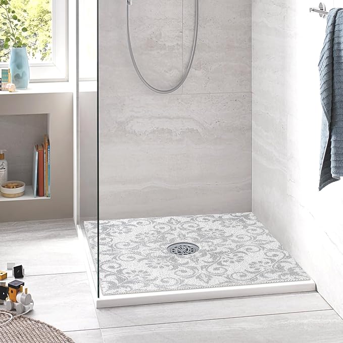 Square Shower Mat Non Slip: 36 x 36 Inch Extra Large Shower Mats with Drain Hole in Middle - PVC Loofah Anti Slip Shower Floor Matt for Inside Shower