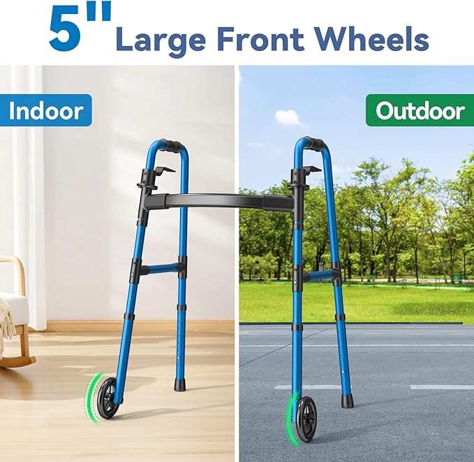 Loyoda Folding Walker with 2 Skis and 5" Wheels, Lightweight Walkers for Seniors and Adults, Supports Up to 350 Pounds, Adjustable Height, Compact Standard Walker, Blue