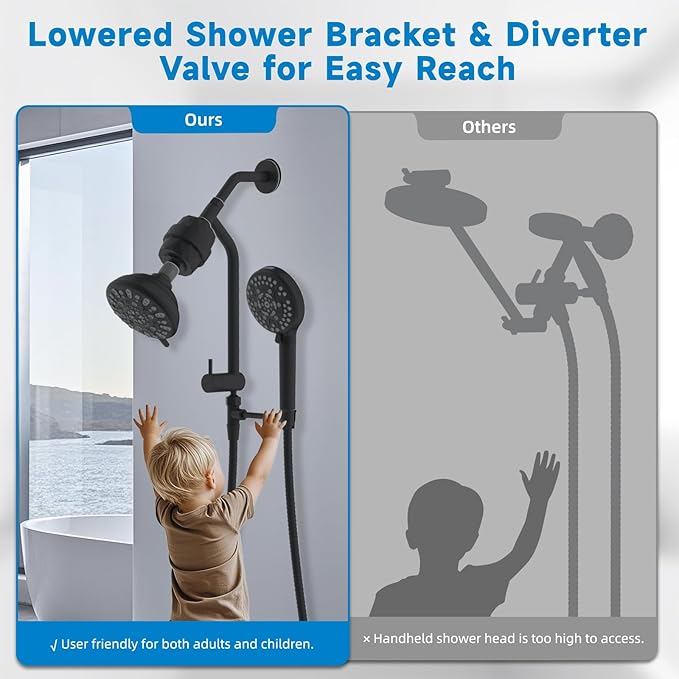 Filtered Shower Heads, All Metal Dual Shower Head with Easy Reach Handheld Spary Combo, 3-Way High Pressure 70 Modes Rainfall Showerhead, 71" Hose, Shower Bracket, 20 Stage Shower Filter, Matte Black