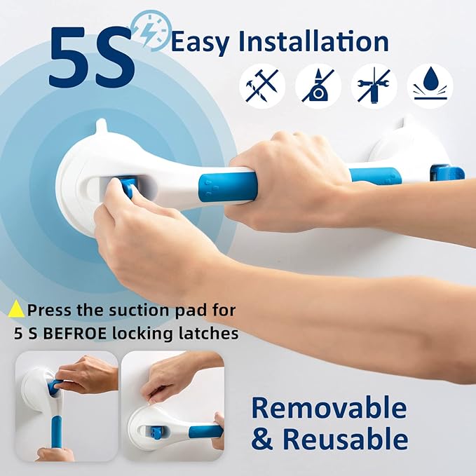 TAILI Shower Grab Bar 2 Pack Suction Grab Bars for Bathtubs and Showers, Heavy Duty Shower Handle Removable Bathroom Safety Grip for Seniors and Elderly, Shower Handrails No Drilling Waterproof, Blue