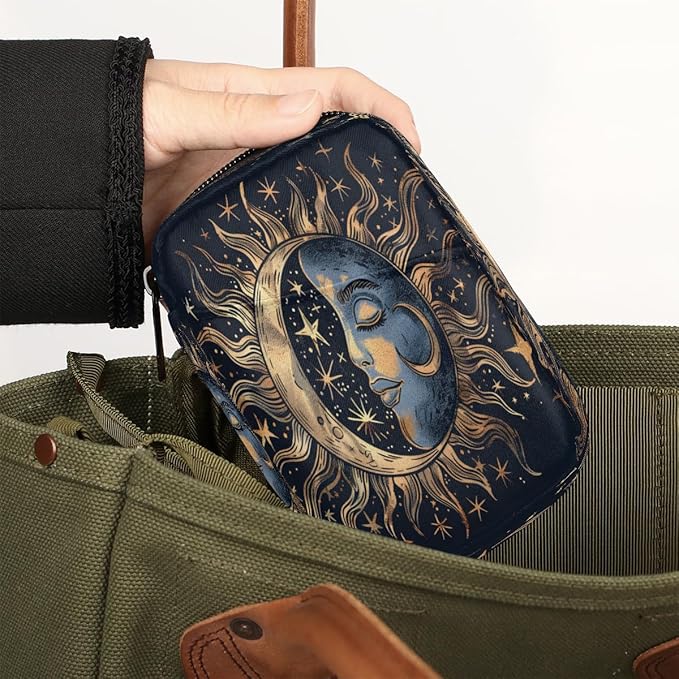 Weekly Travel Pill Organizer Case for Purse with Removable 7 Day Box Portable Compact Size Pill Box Fashionable Pill Container for Medicine Vitamin Supplement Boho Moon Ethnic