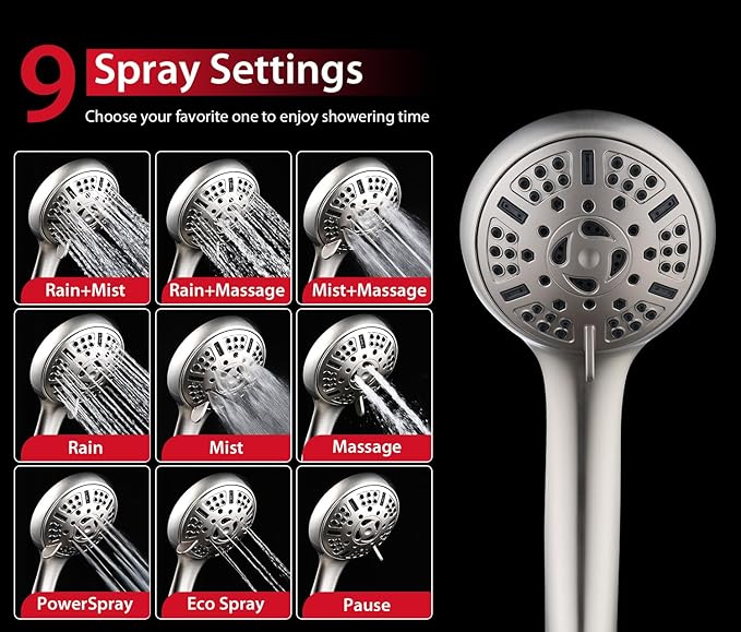 GRICH 1.8GPM Shower Head with Handheld Spray Combo: 2 in 1 Rainfall Shower Heads high pressure & Handheld Shower Head, 9 Spray Modes/Settings Detachable Shower Head with 60 Inch Hose, Nickel
