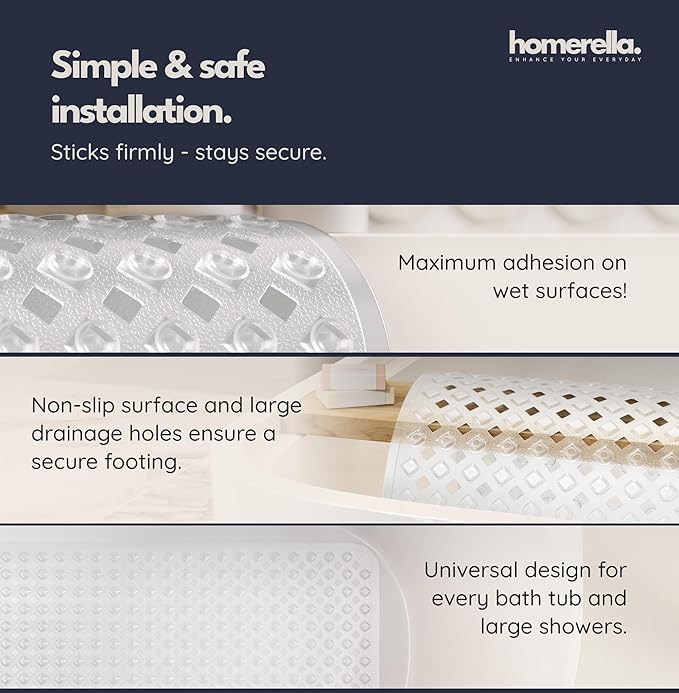 Bathtub Mat Non Slip 35x16 - homerella® Bath Mat Incl. Hooks for Drying, Extra Long, 100% BPA Free, Shower Mat Non Slip Anti Mold, Machine Washable, Shower Mats for Inside Shower Mildew Resistant
