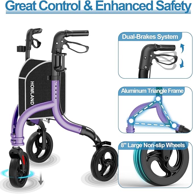 HOMLAND 3 Wheel Walkers for Seniors, Foldable Wheeled Rollator with Cane Hold and Cup Hold, Lightweight Three Wheel Rolling Walker Height Adjustable for Seniors