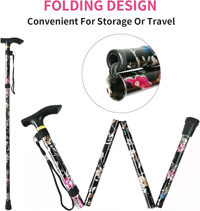 Folding Cane, 5-Level Adjustable Height Lightweight Portable Foldable Walking Canes with Wrist Strap and T Handle for Men Women Seniors