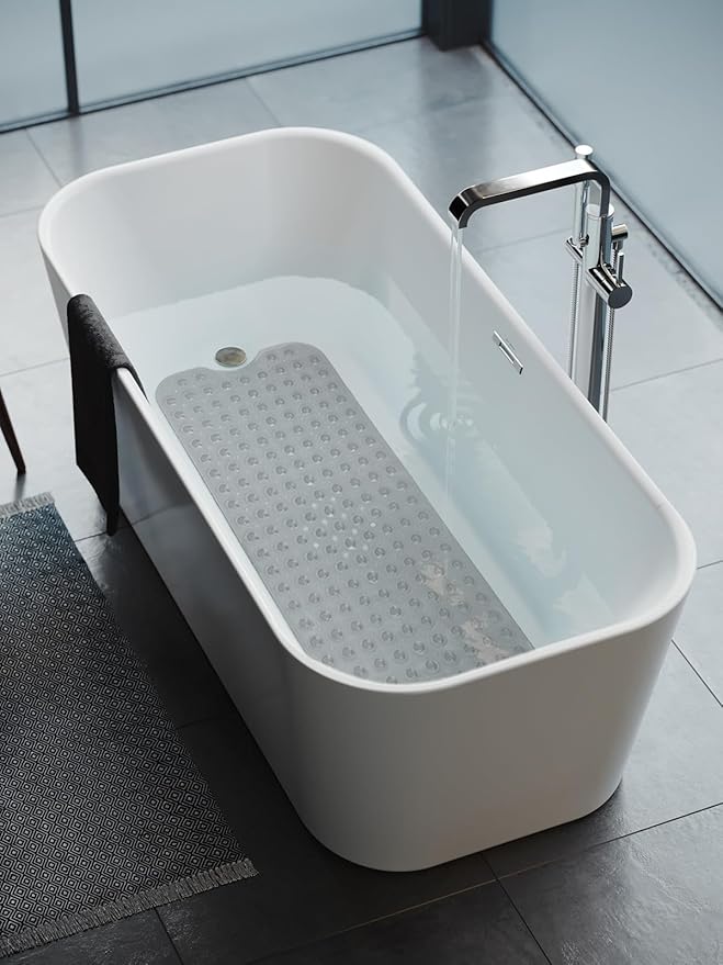 Linoows Bathtub and Shower Mats, Extra Long Non-Slip Bath Tub Mat 39 x 16 Inch, Machine Washable Bathmat with Suction Cups & Drain Holes for Bathroom Floor, Clear Grey