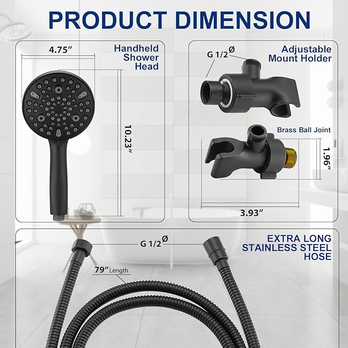 High Pressure 10 Setting Handheld Shower Head, 5" Detachable Showerhead Spray Built-in Power Wash to Clean Tub, Tile & Pets, 79" Extra Long Stainless Steel Hose, Adjustable Bracket - Matte Black