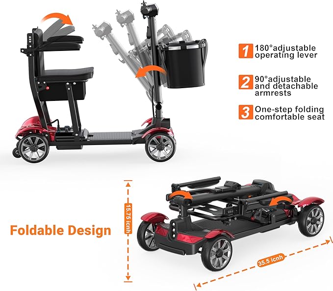 Mobility Scooter for Adults, 4 Wheels Mobility Scooter with LCD Display, 350LBS Capacity & Lithium Battery, Airline Approved, 38LBS Motorized Mobility Scooter for Seniors (Red, 15 MI-211)