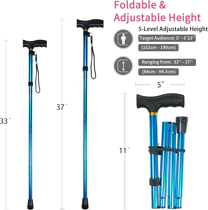 Folding Cane, 5-Level Adjustable Height Lightweight Portable Foldable Walking Canes with Wrist Strap and T Handle for Men Women Seniors