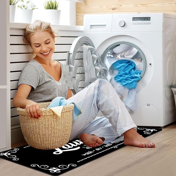XLHOMO Non-Slip Laundry Room Rug, 17.7"x45" Black Laundry Mat, Washable Farmhouse Runner for Laundry Room, Kitchen, Bathroom & Entryway